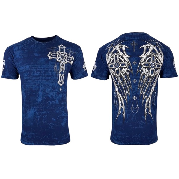 Affliction Other - Archaic by Affliction Men's T-Shirt Spike Wings Cross Biker Navy XS-4XL